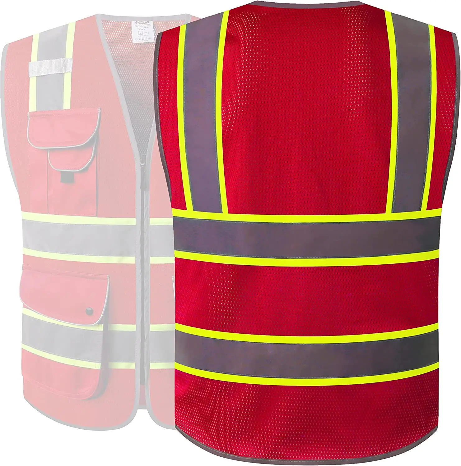 Safety 9 Pockets Hivis Neon Red Zipper Front Mesh Safety Vest With