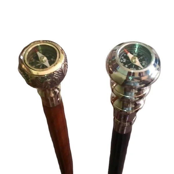 Handmade Wooden Foldable Walking Stick With Brass Knob Compass Handle / Wooden Walking Canes