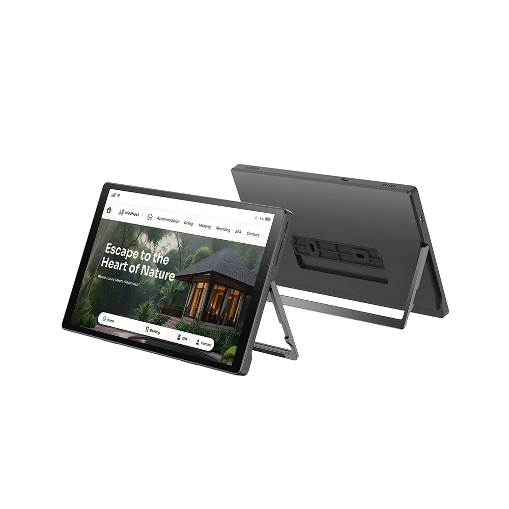 Rugged industrial tablet without camera, mounted on wall in factory setting