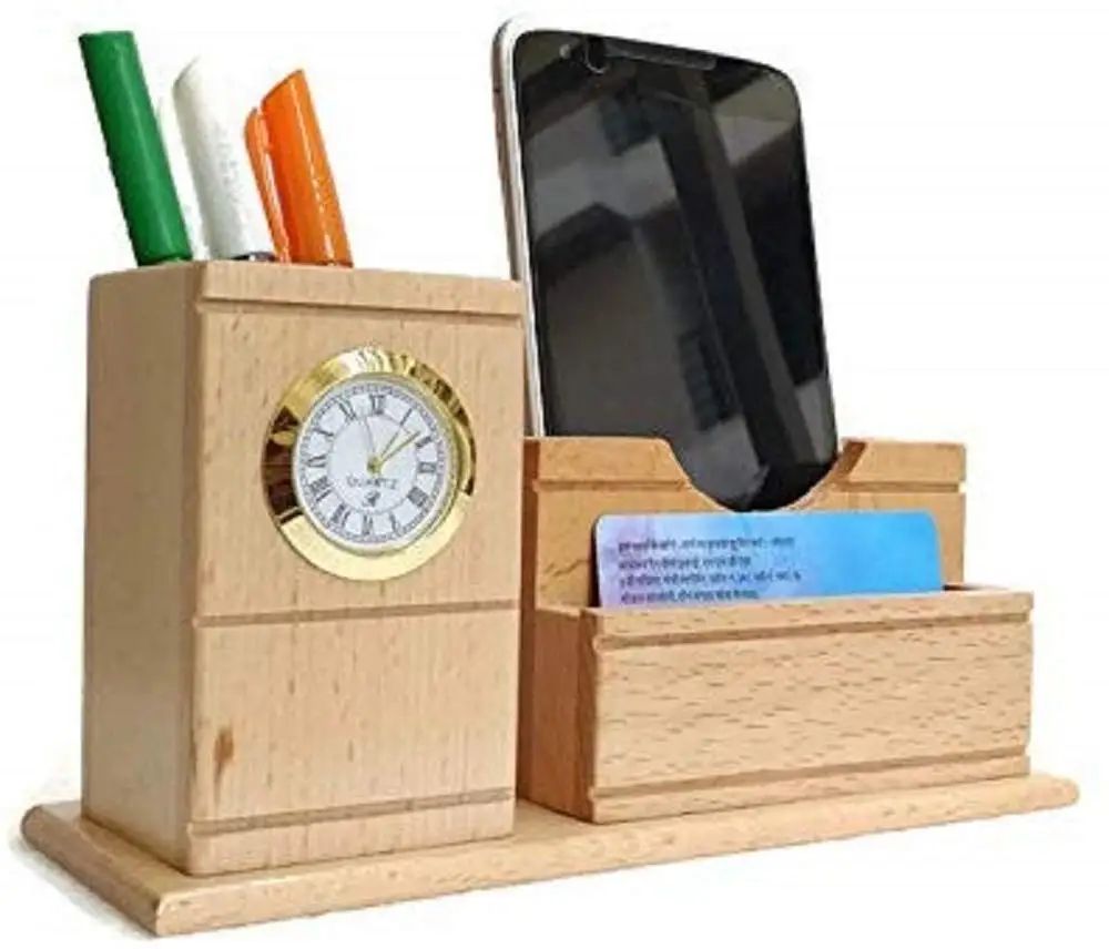Luxury Handmade Wood Pen Holder And Clock Engraving Logo Wooden Pen
