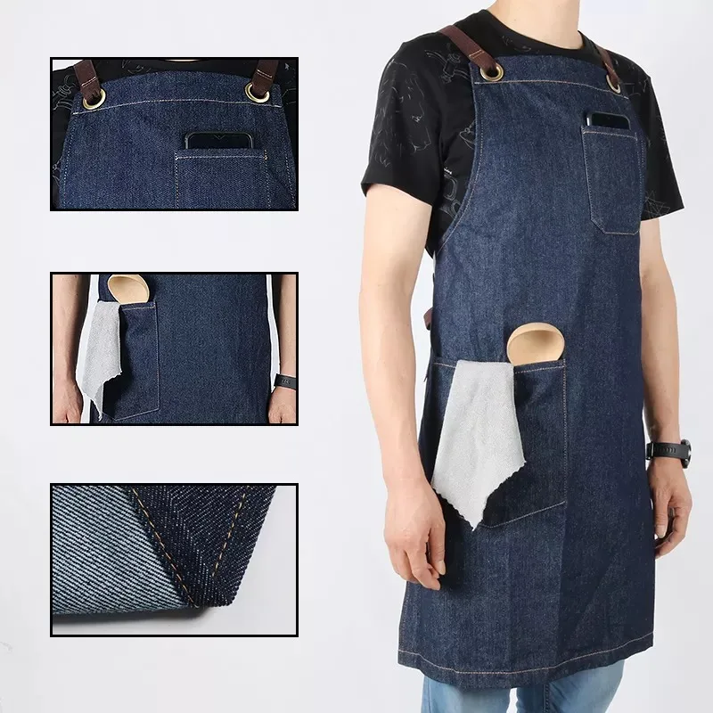 Barber Professional Jean Denim Canvas Chef Kitchen Apron Woman With