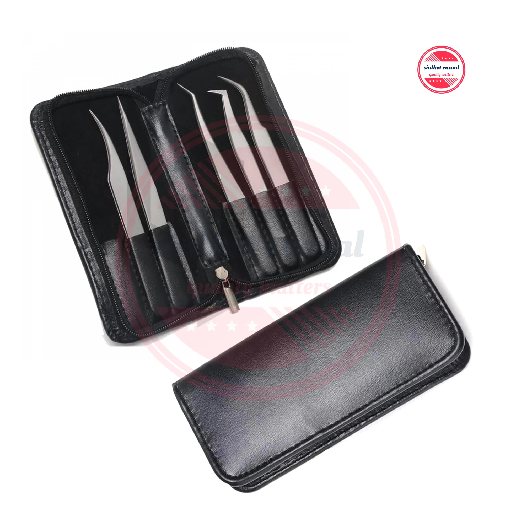 Salon Eyelash Tweezers Set Leather Zipper Case 6 Piece Set Eyelash