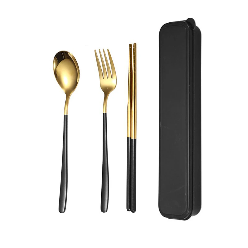 Premium Quality Korean Camping Case Black Gold Stainless Steel Spoon Fork Travel Cutlery Set