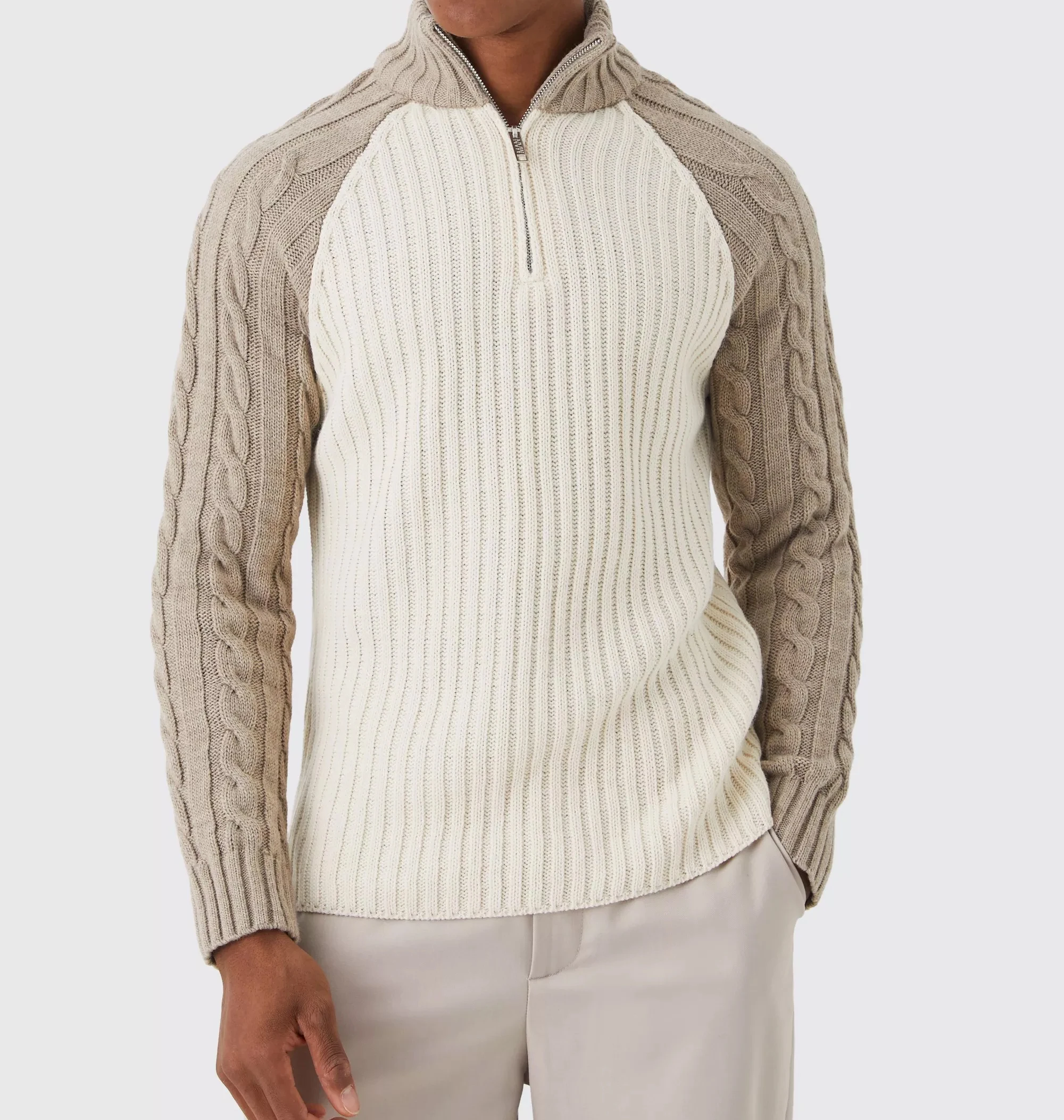 Wholesale Custom Knitted Cable Funnel Neck Raglan Colour Block Jumper