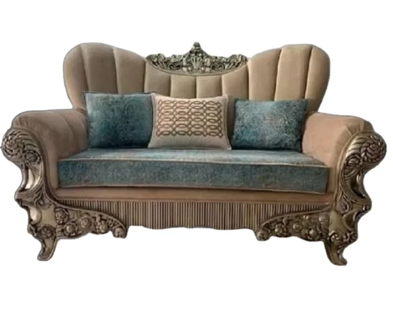 New Teak Wood Royal Look Heavy Carving Handmade & Soft Fabric Blue