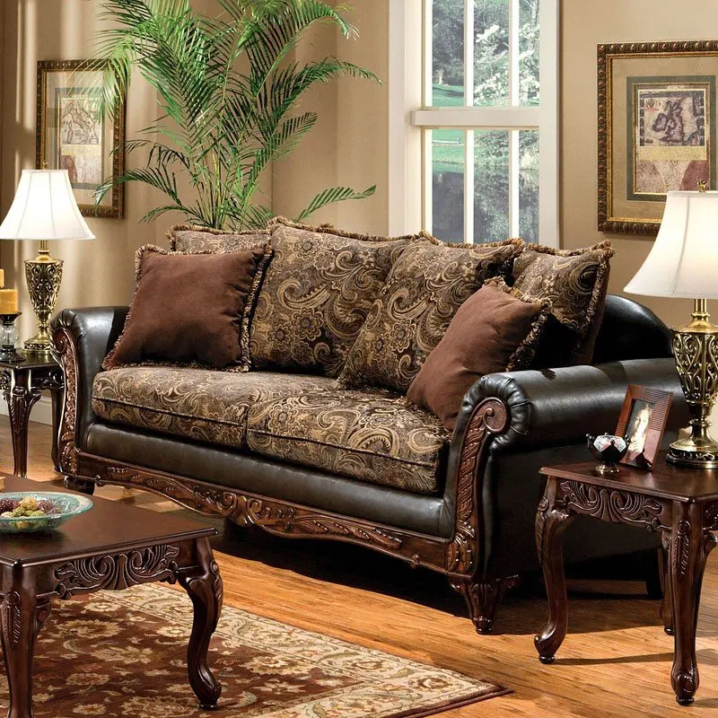Jessica Teak Wood Living Room Set with Carvings, Classic Brown Finish ...