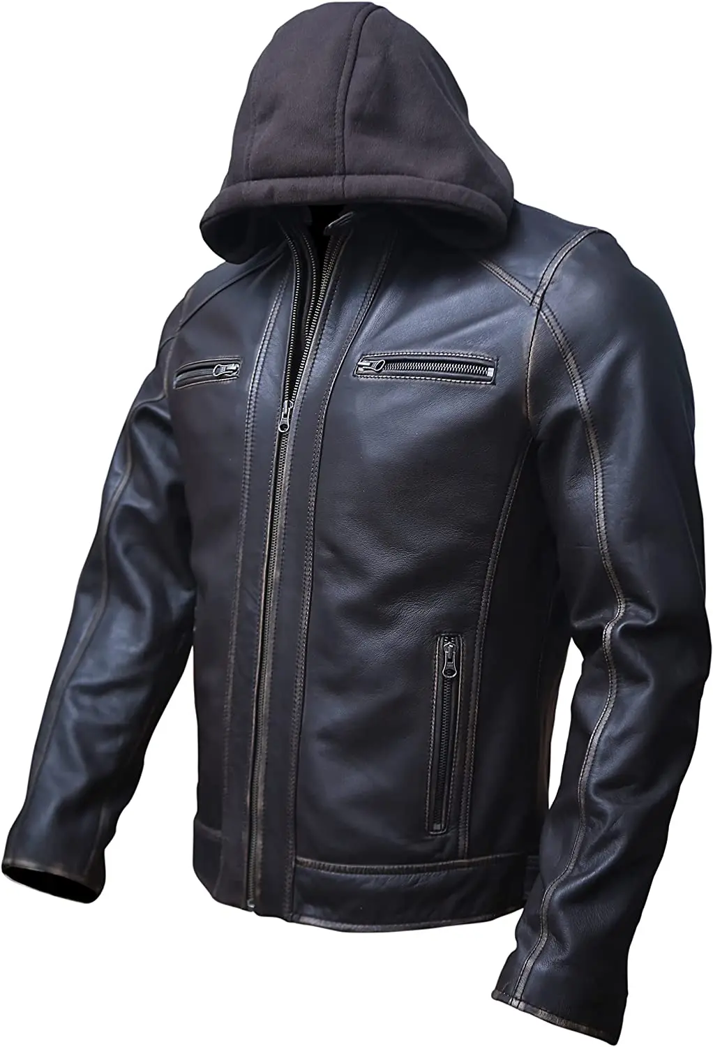 Mens Genuine Leather Jacket,Motorcycle/biker Leather Jacket With Removable Hood In Black And