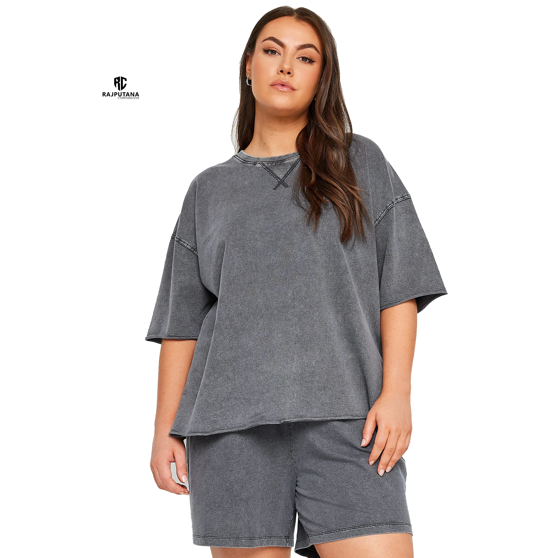 Plus Size Drop Shoulder Acid Wash Twin Sets Women \ Wholesale