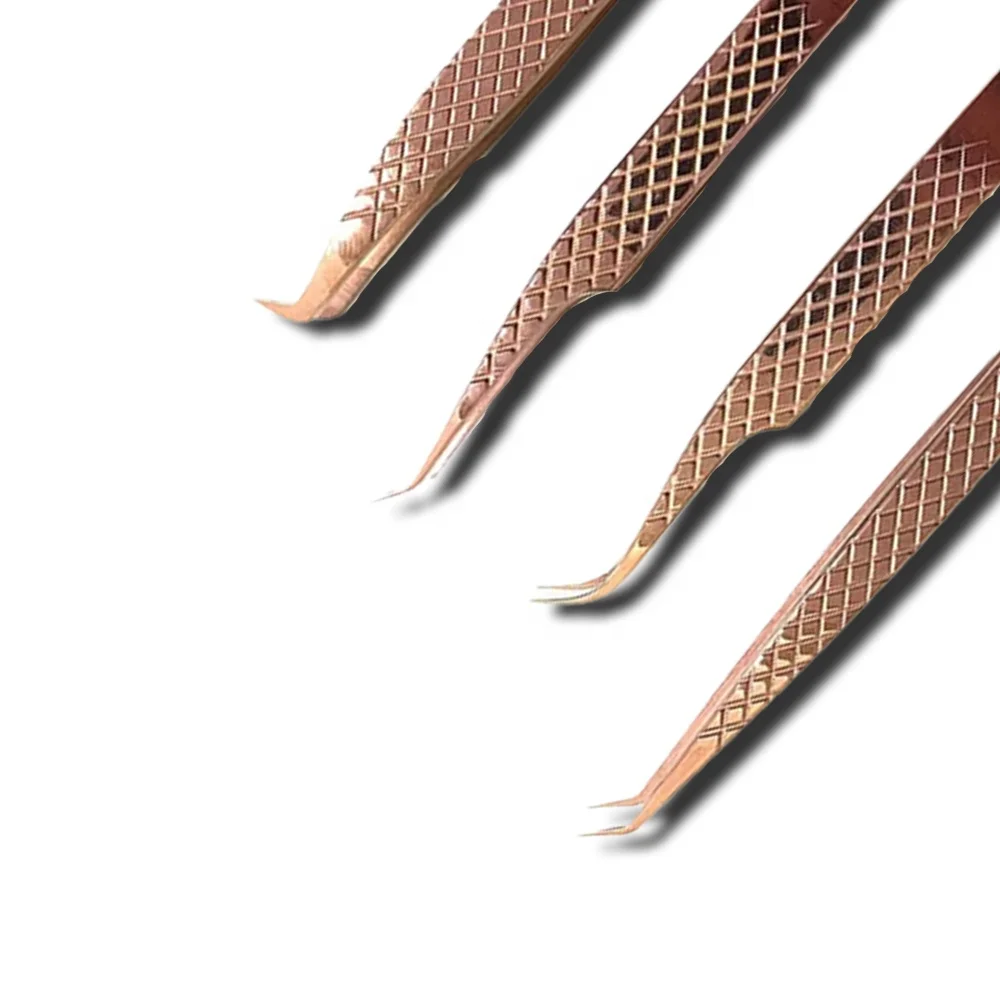 Plasma Rose Gold Fiber Tip Eyelash Extension Tweezers Diamond Grip