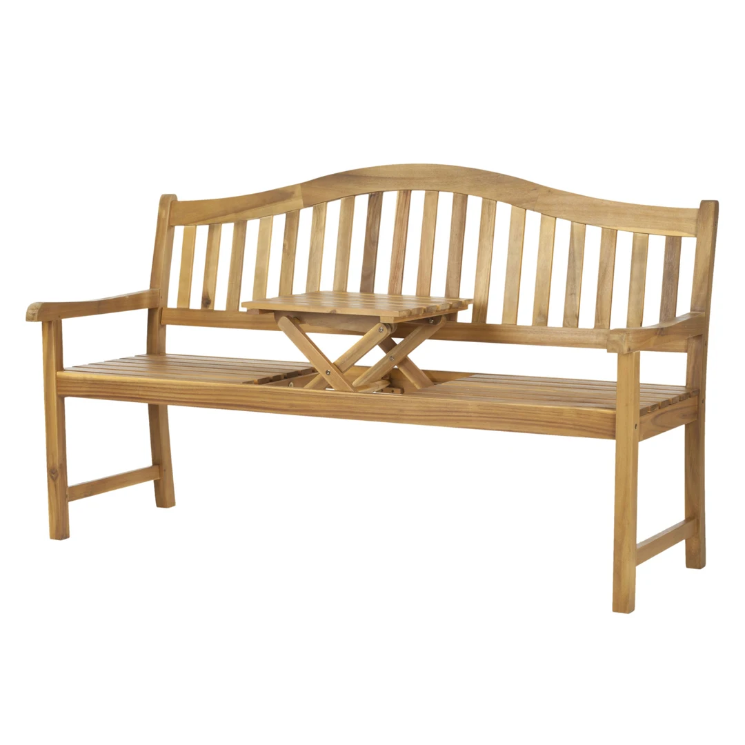 Outdoor Teak Solid Wood Garden Bench Slatted Design With Pop Up Table