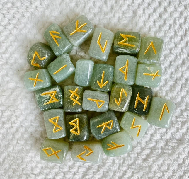Green Aventurine Rune Sets Healing Crystals 25 Pieces Engraved Tumbled