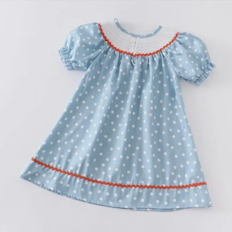 Smocked Children Clothing Blue Dot Embroidery Dresses Bunny Playsuits
