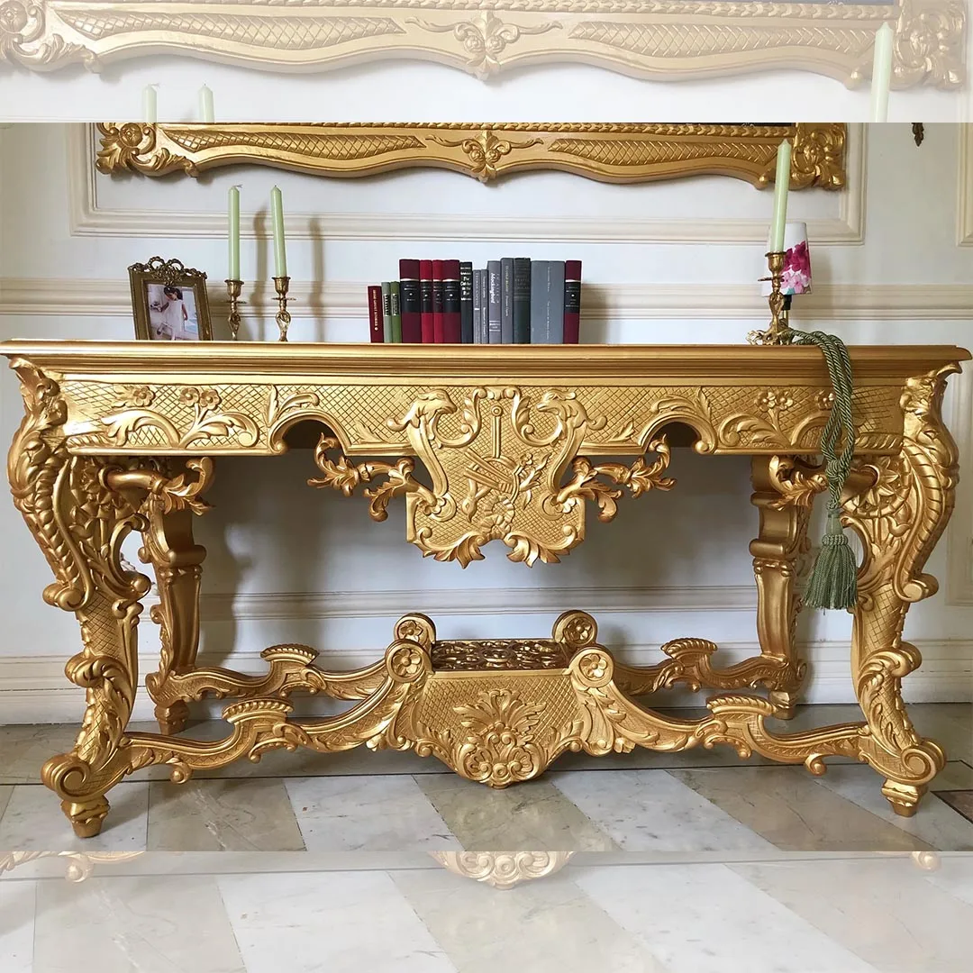 Wooden Antique Gold Luxury Console Table With Antique Gold Finish In Premium Teak Wood By Aarsun