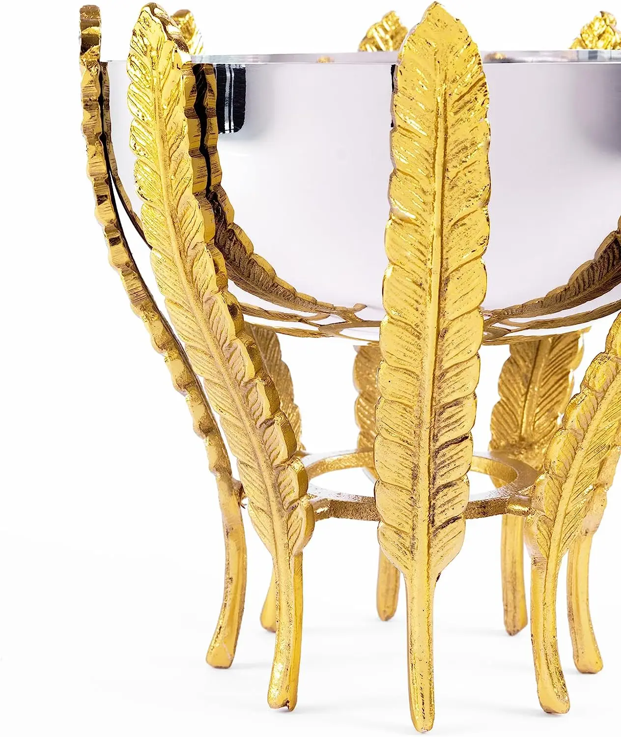 Steel Serving Bowl With Gold Leaf Stand Embossed Patterned Elements Accent Piece For Upscale