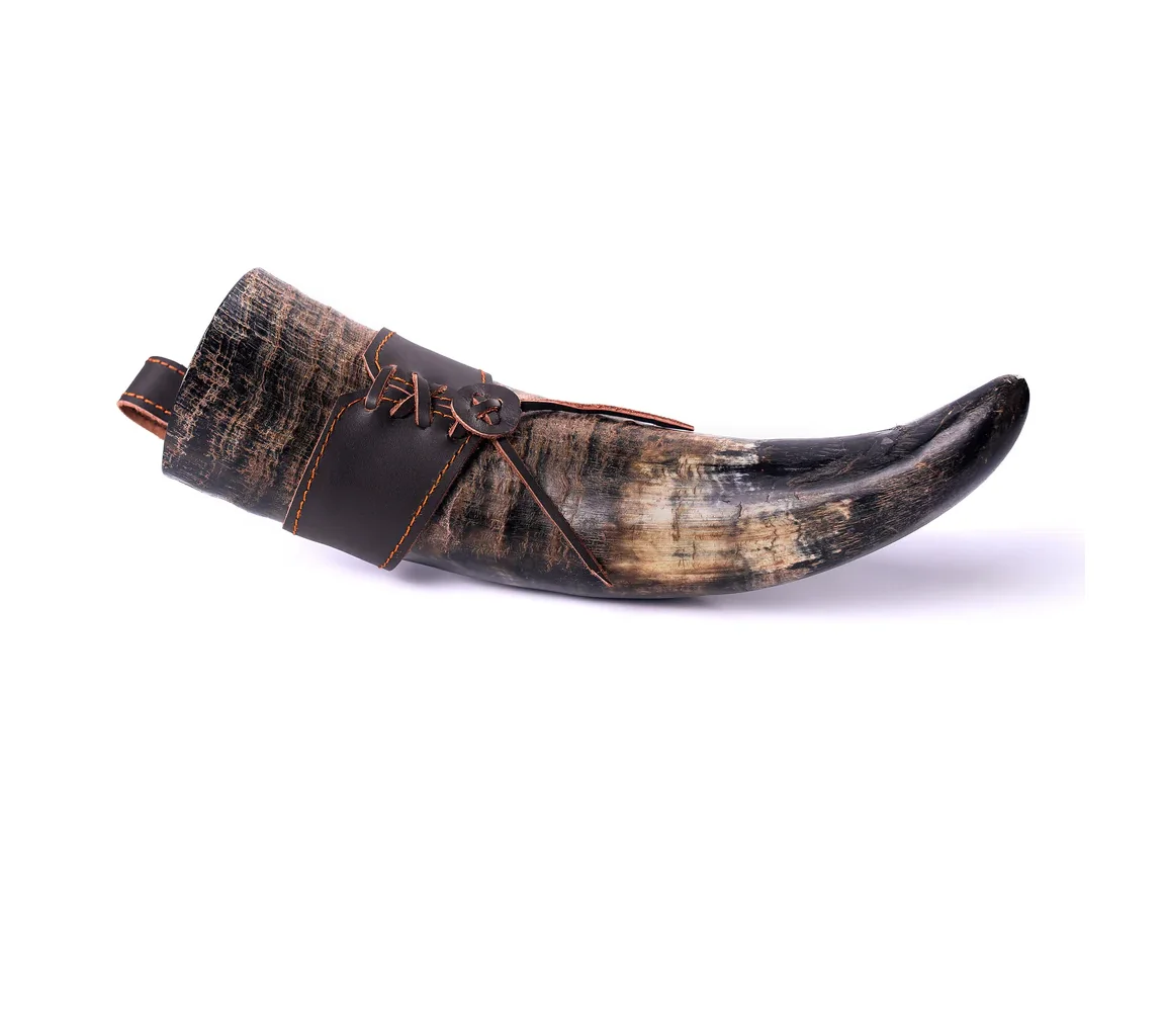 Viking Drinking Horn With Leather Holder Food Safe Genuine Agate Horn