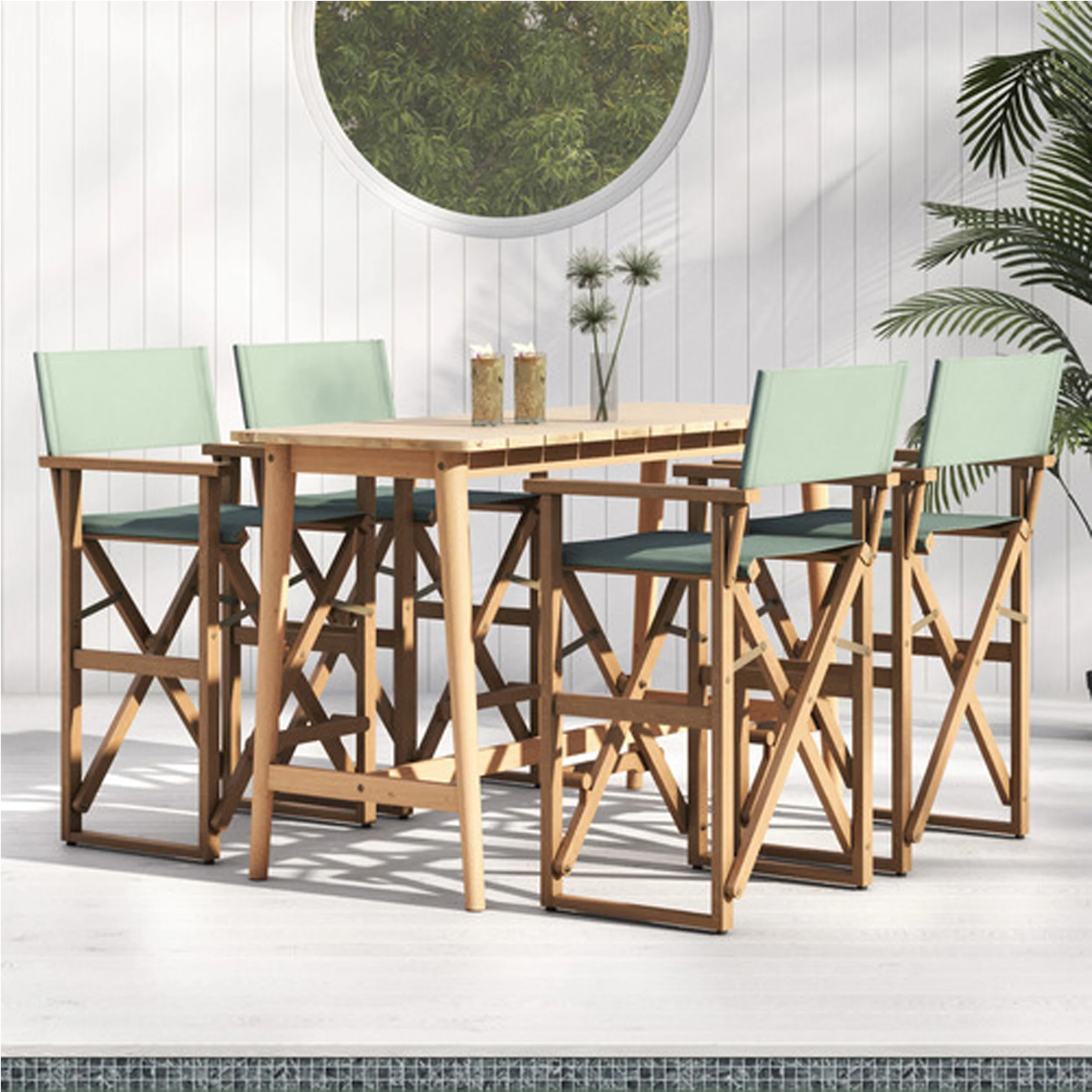 Set Dining Table Teak Wood And Polyester Seat Outdoor Furnitureikaran