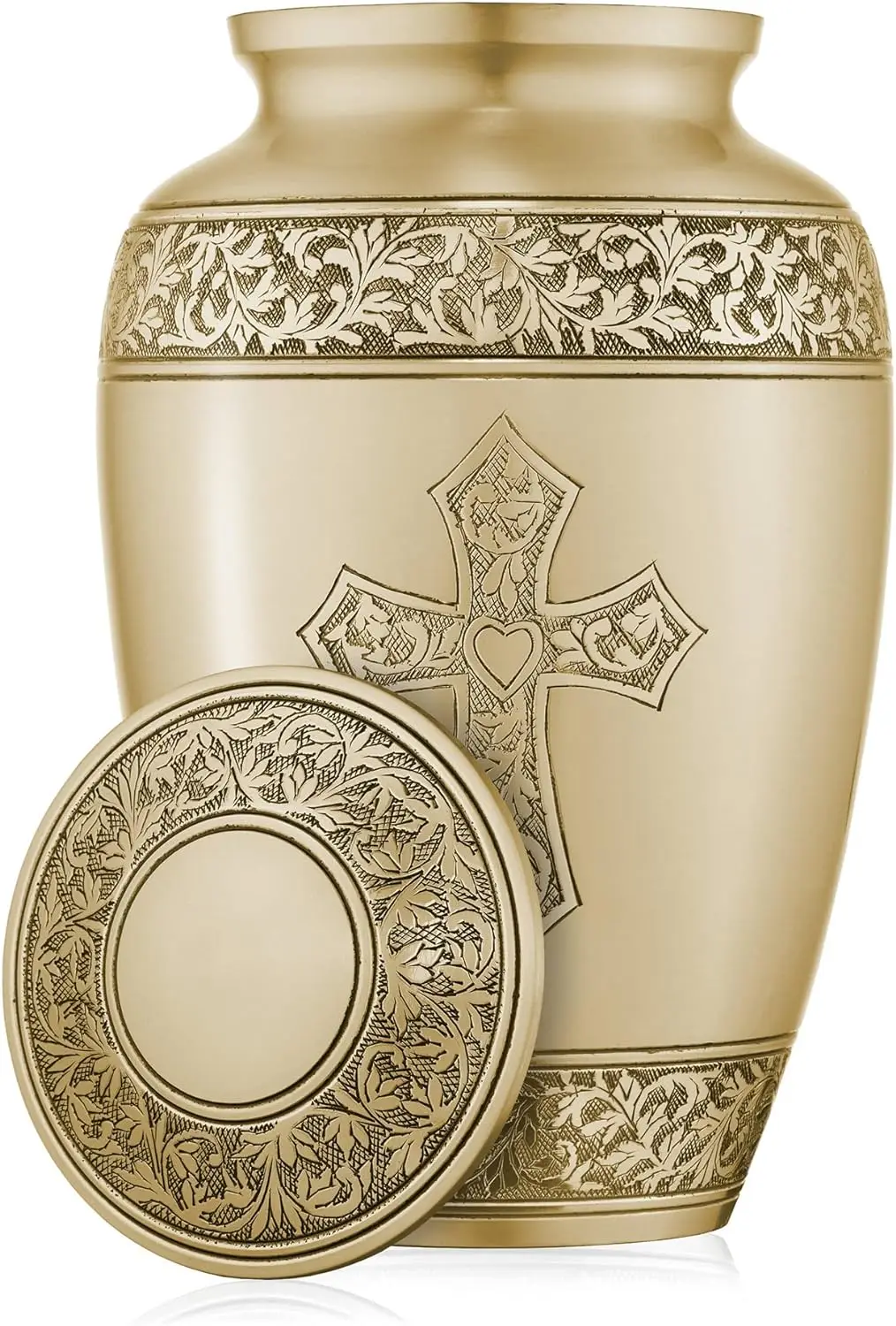 Adult Cremation Memorial Urn For Human Ashes Gold Etched Cross Brass