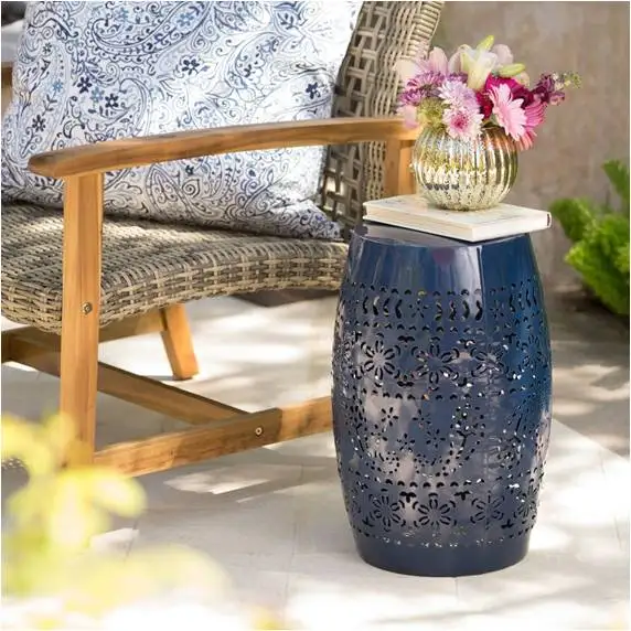 Laser Cut Round Drum Side Table Blue Color Powder Coated Multipurpose