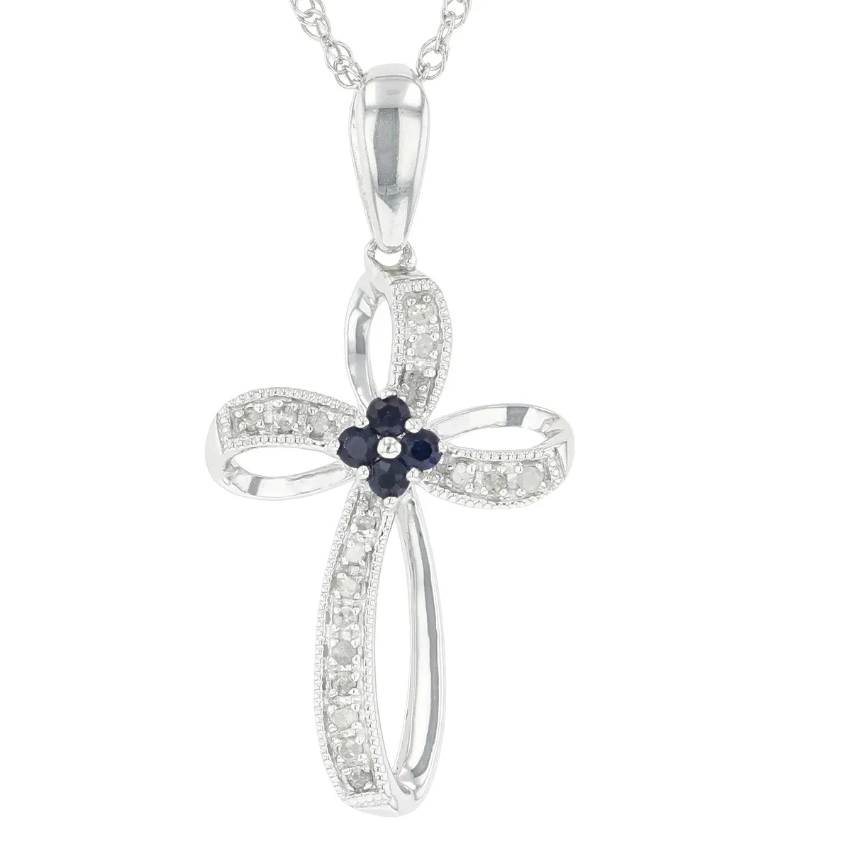 Blue Sapphire And White Diamond Cross Pendant With Rope Chain,Rhodium