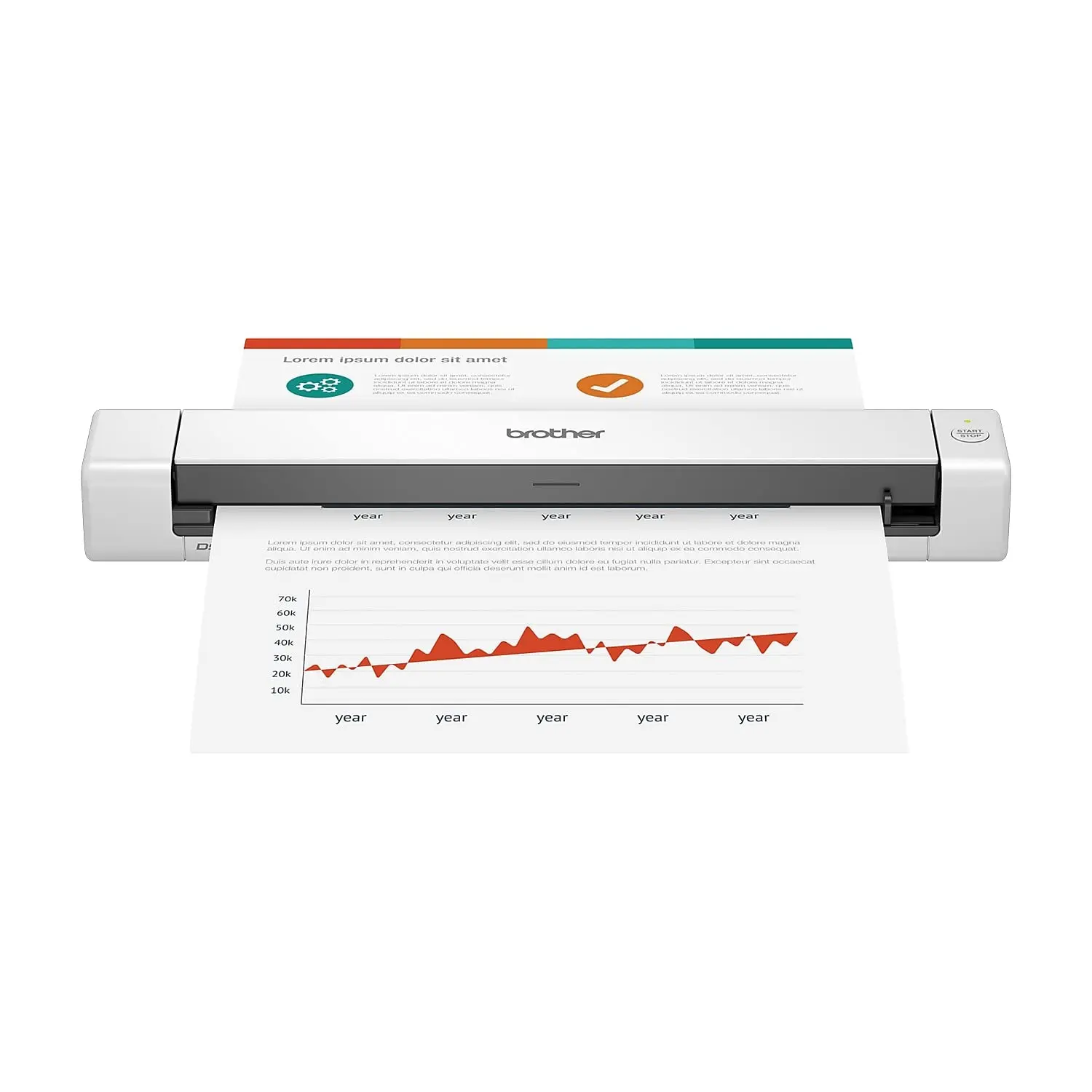Brother DS-640 Compact Mobile Document Scanner on desk with paper stack