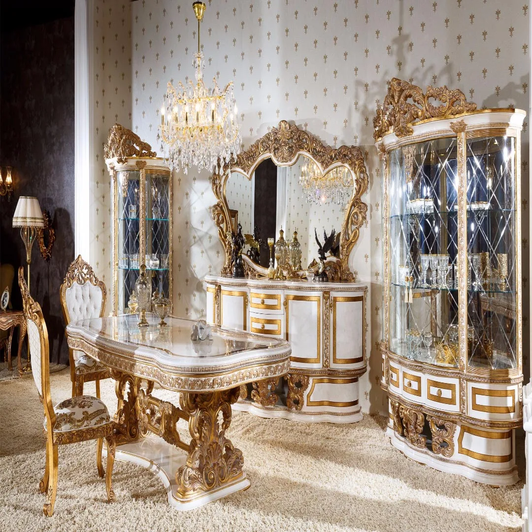 French Style Royal Solid Wood Carving Dining Table Set/ 6