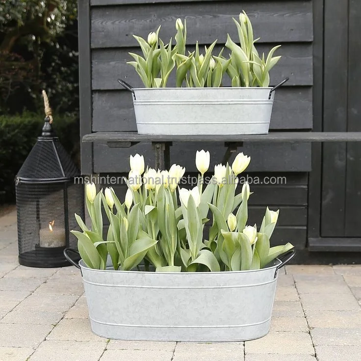 Garden Plant Pot Galvanized Iron Metal Flower Planter With Handles