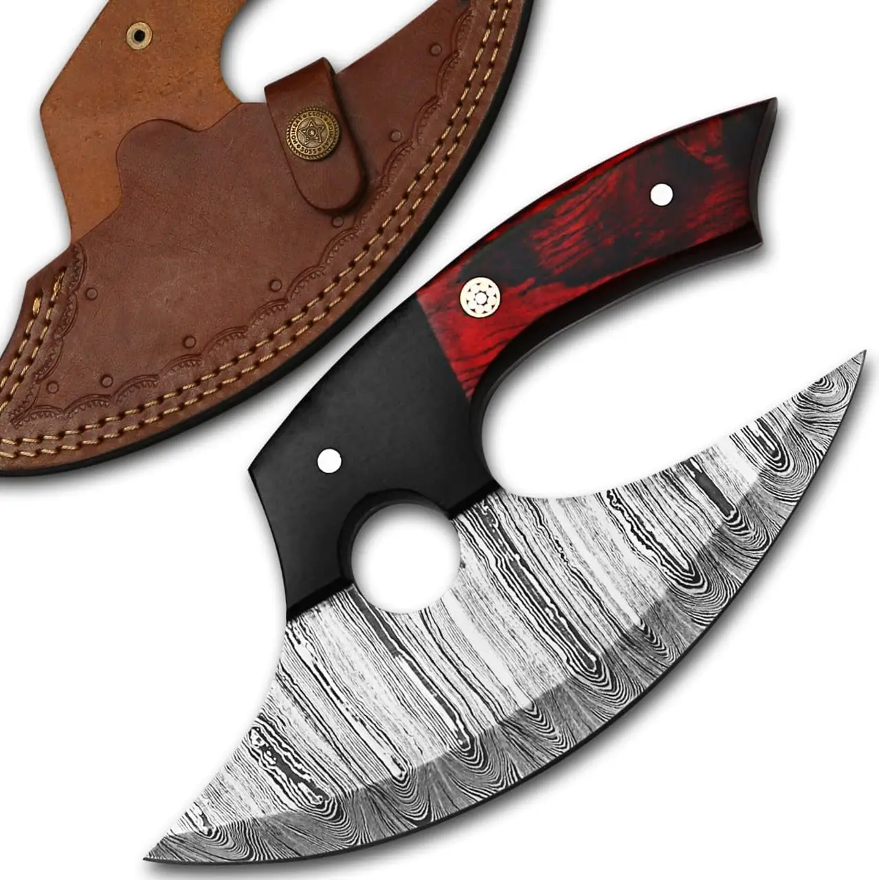Damascus Ulu Knife With Leather Sheath\premium Quality Ulu Kitchen