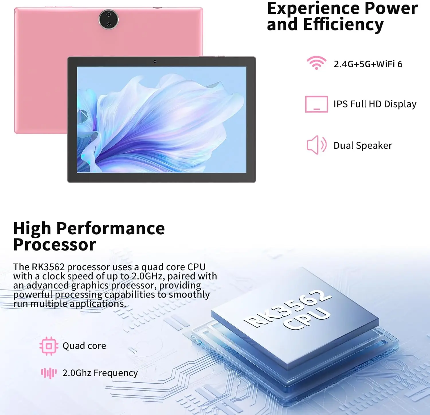 Procesador RK3562 Quad Core 2.0GHz, WiFi 6 y altavoces duales