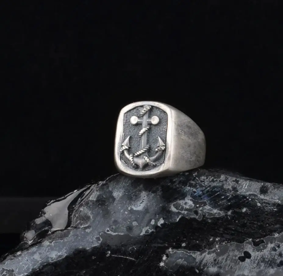 Silver Anchor Ring Handmade Sailor Anchor Oxidized Silver Captain Ring ...