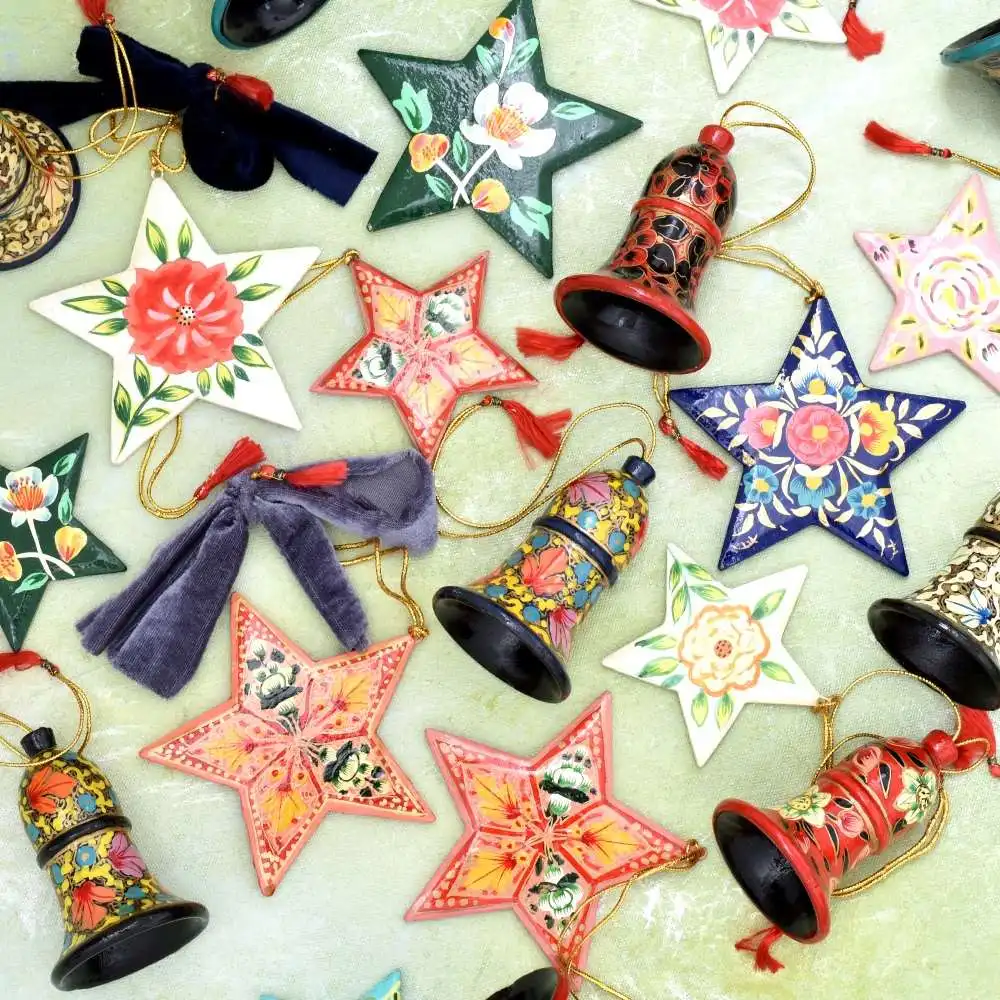 Decorative 8 Paper Mache Star Christmas Tree Ornaments In Bulk Bells