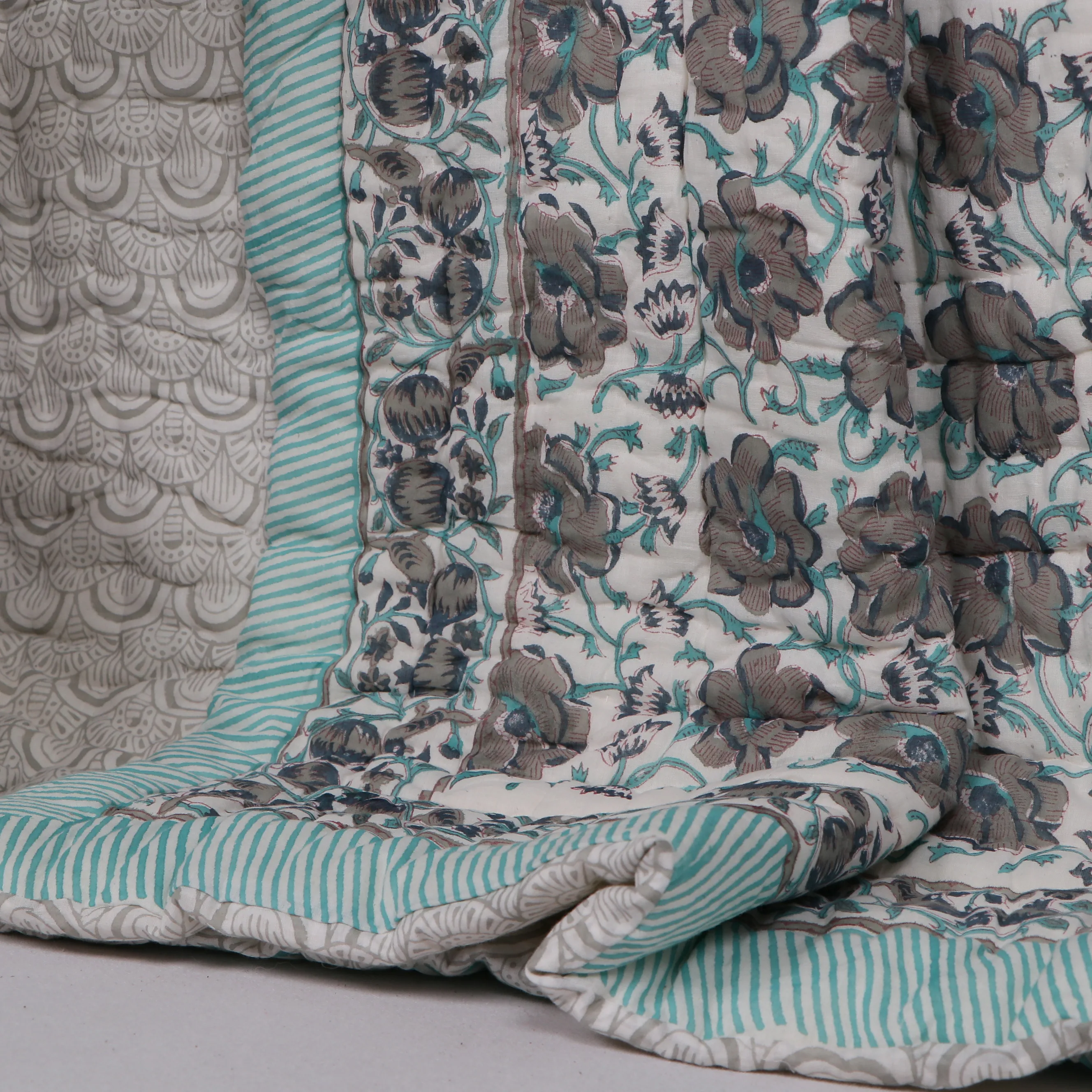 Hand Block Print Indian Handmade Kantha Quilt Queen Size Winter Quilt