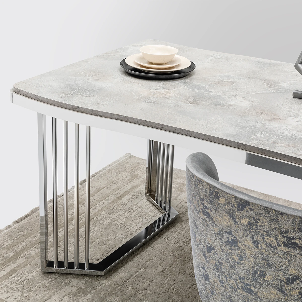 Modern Grey Marble Dining Table Set -- Stylish Chrome Base with Elegant ...