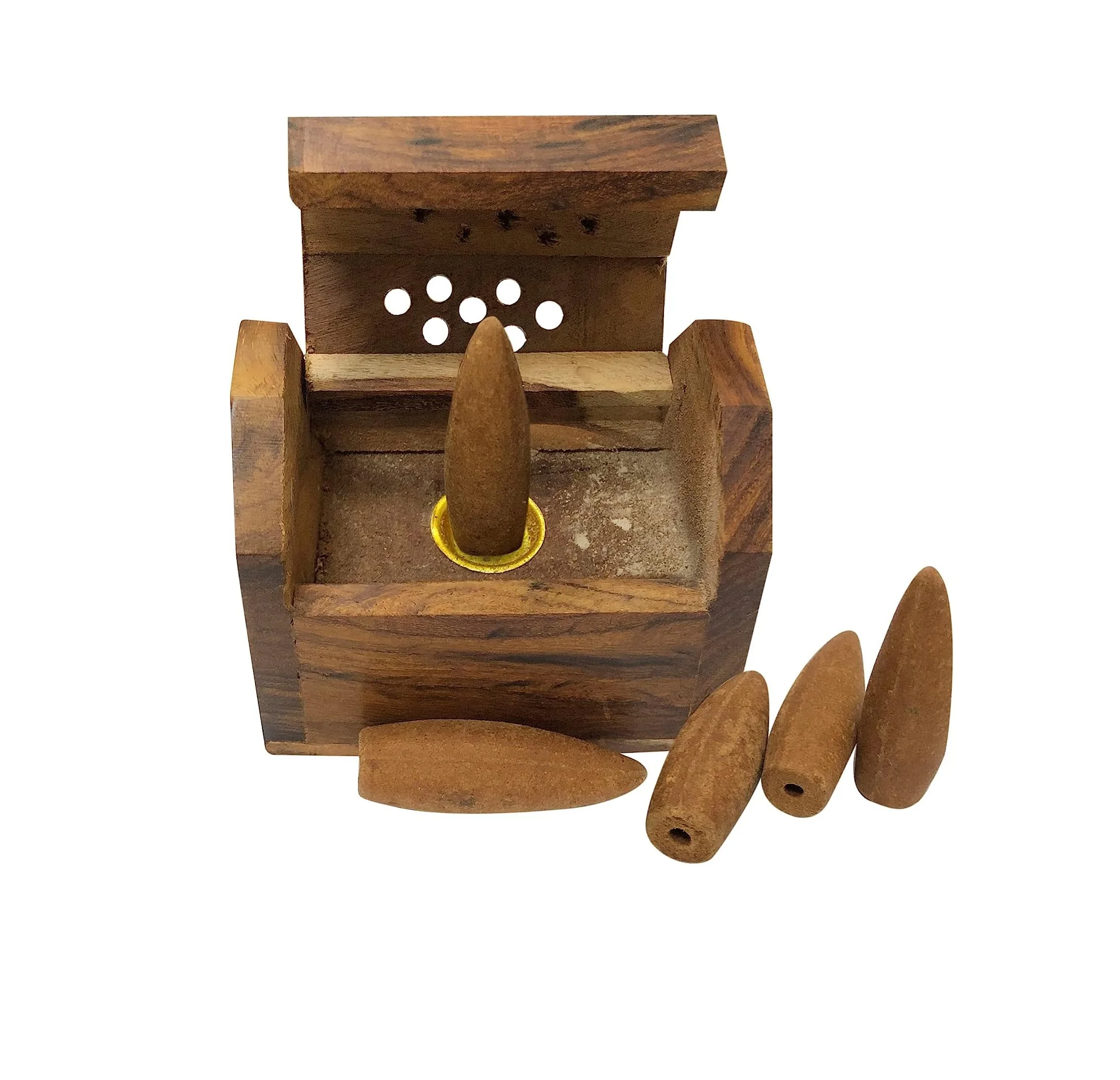Handcrafted Wooden Solid Brown Incense Burner With 5 Premium Backflow