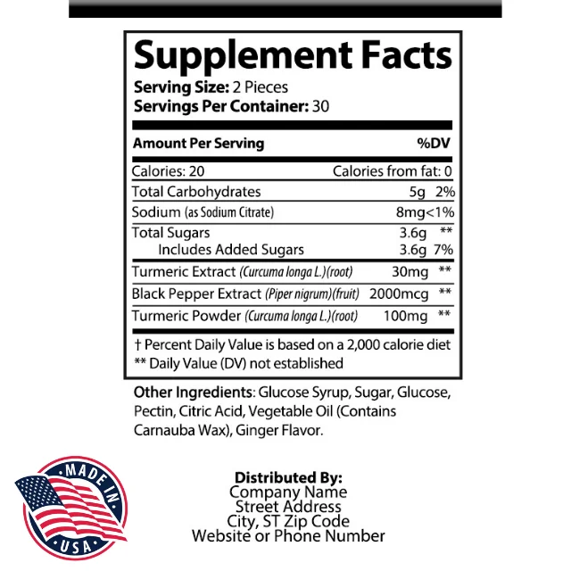 Turmeric Gummy With Black Pepper Curcumin Vitamins Health Supplement