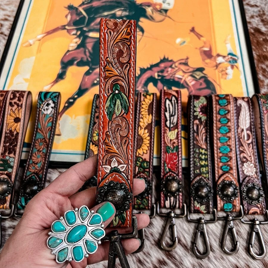 Beautiful Hand Tooled Leather Keychain With Cowgirl Wild West Patterns