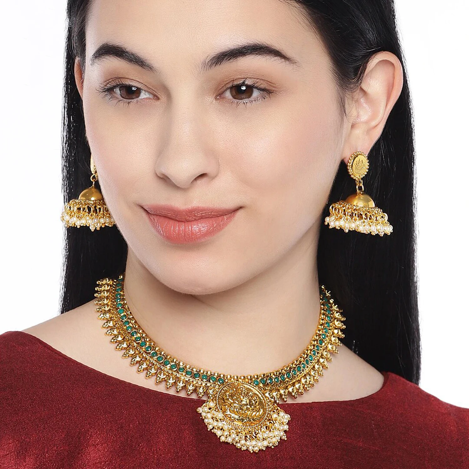 Aheli Indian Traditional Gold Plated Temple Necklace Jhumka Earring