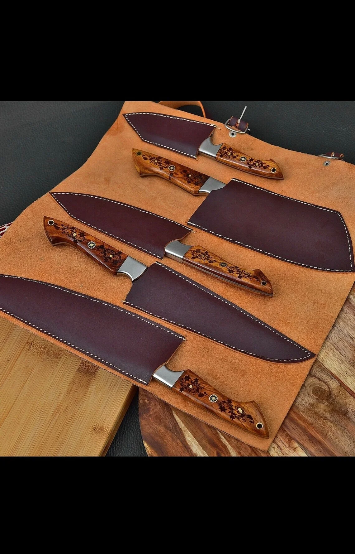 Labonita Feltham Custom Handmade Damascus Chef Knife Set With Leather