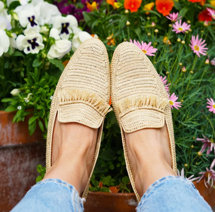 Women Comfortable Handmade Natural Raffia Sandals Customized Natural Moroccan Raffia Loafers 5042