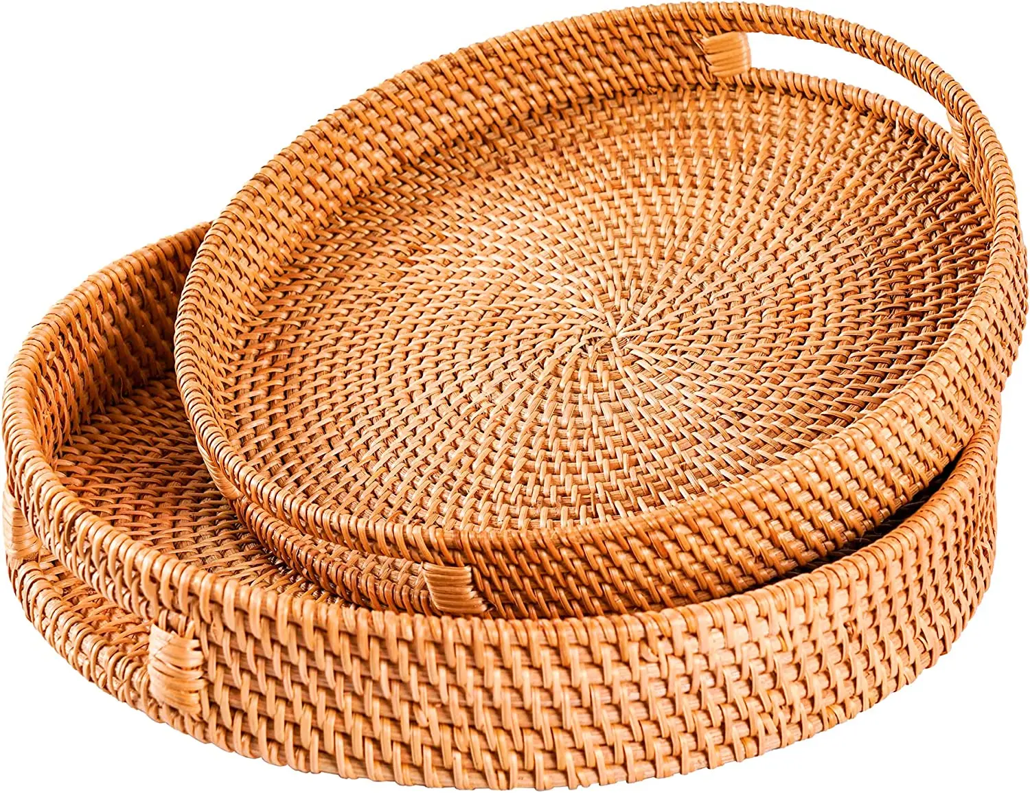 Hot Design Round Rattan Serving Tray Woven Tray With Handle Serving Basket Wicker Fruit Bread