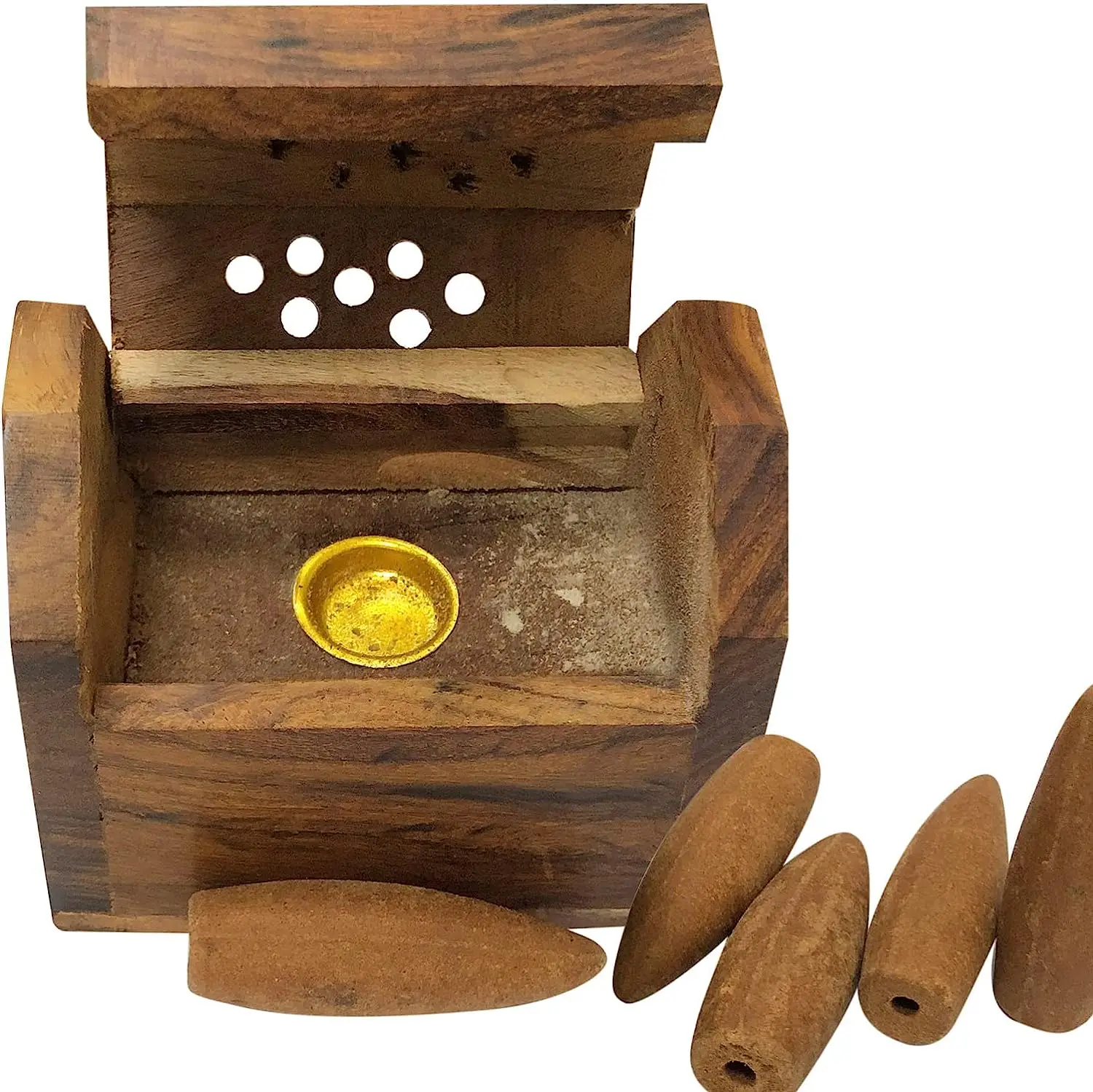 Handcrafted Wooden Solid Brown Incense Burner With 5 Premium Backflow Incense Cones Buy