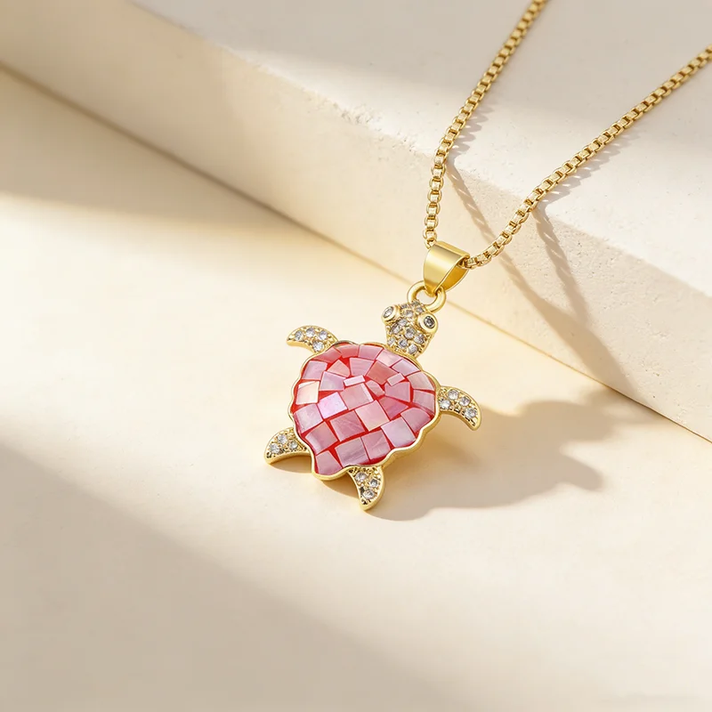 QIKU Cute Tortoise Shape Colorful Shell Charm Women Necklace Gold
