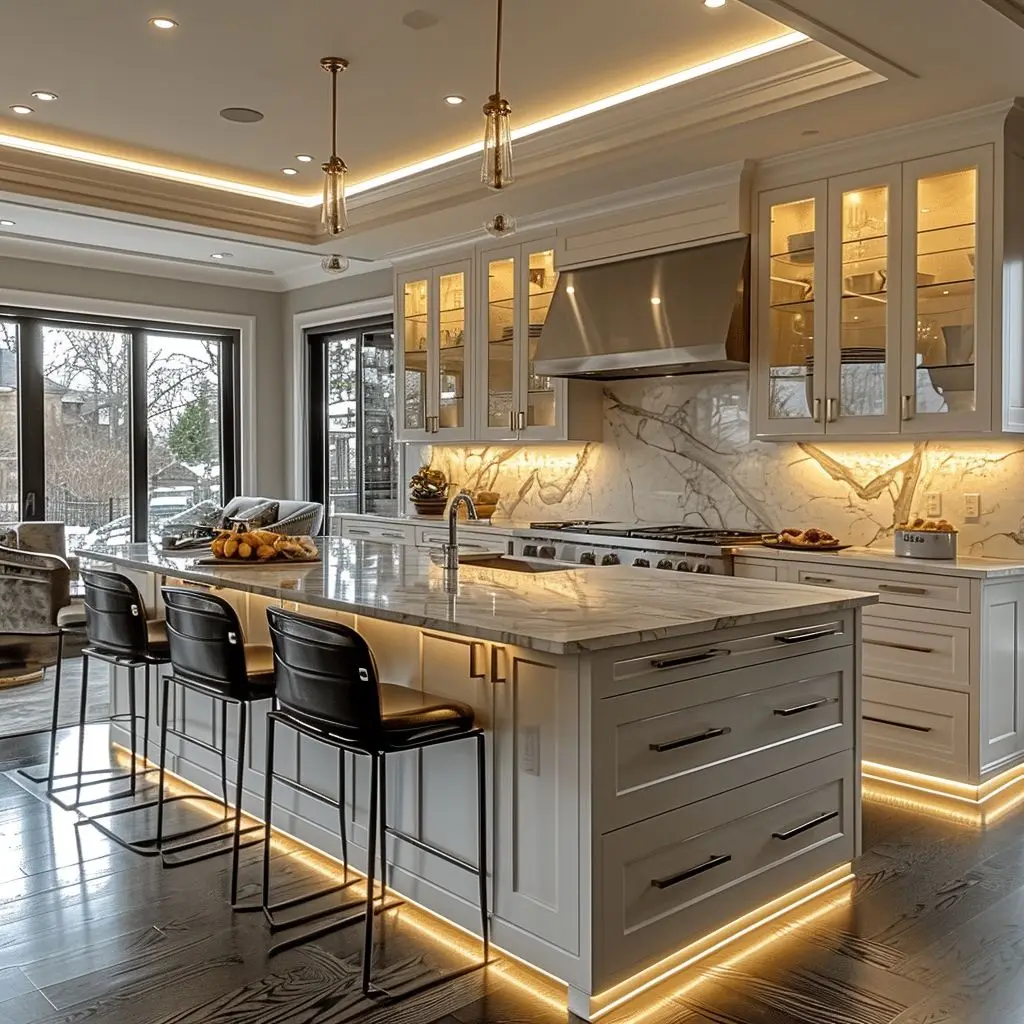 Modern Island Modular Kitchen Design with Wooden Texture Smart Storage ...