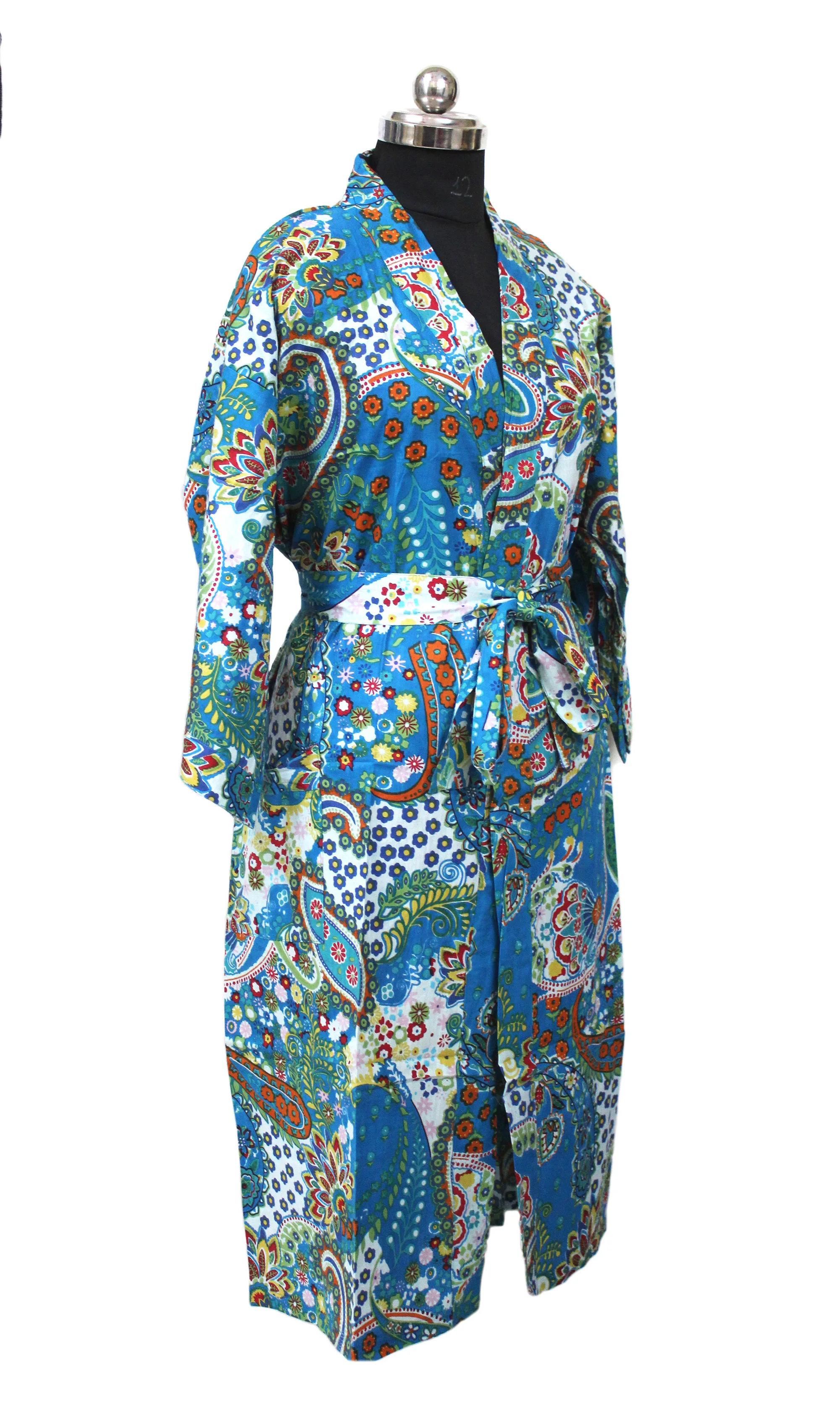 Bohemian Blue Multicolor Printed Kimono Bathrobes Screen Print Kimono