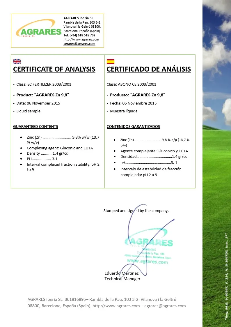 Agrares Zn 98 Is A High Concentrated Liquid Fertilizer With Chelated Zinc From Spain That Meets