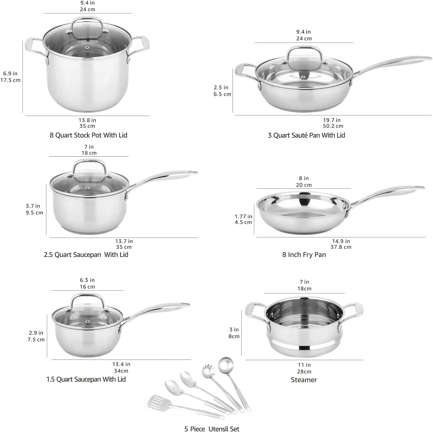 High Quality New Offer Stainless Steel 15 Piece Cookware Set Pots Pans