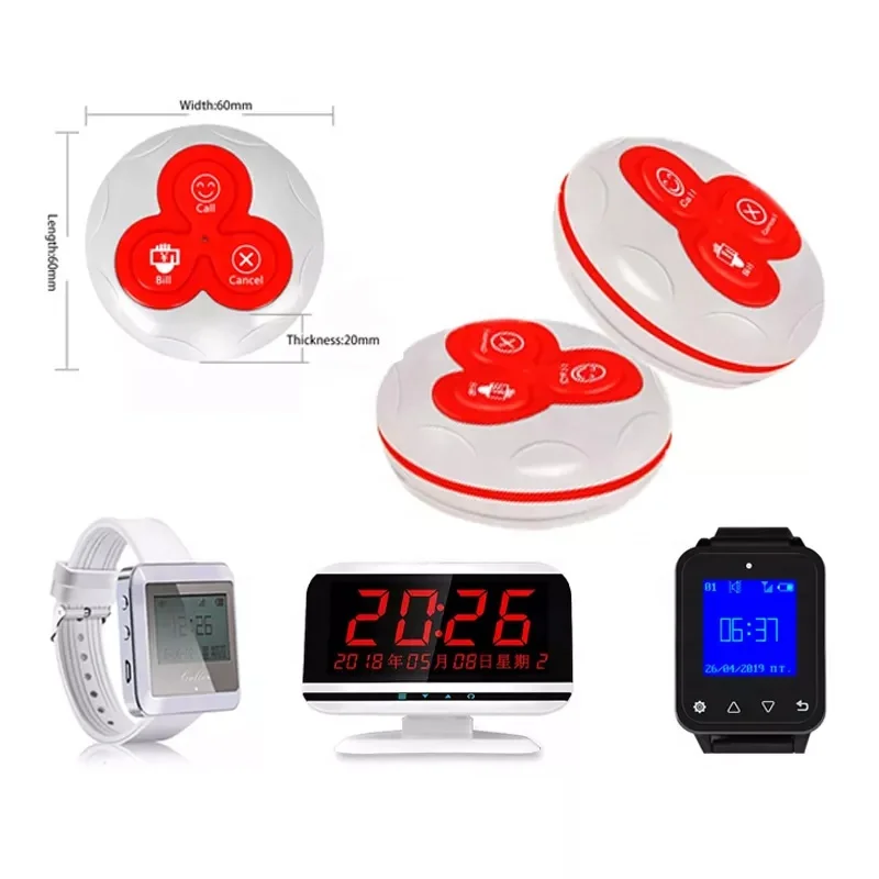 Fixed-number wireless table bell buttons mounted on wooden restaurant tables