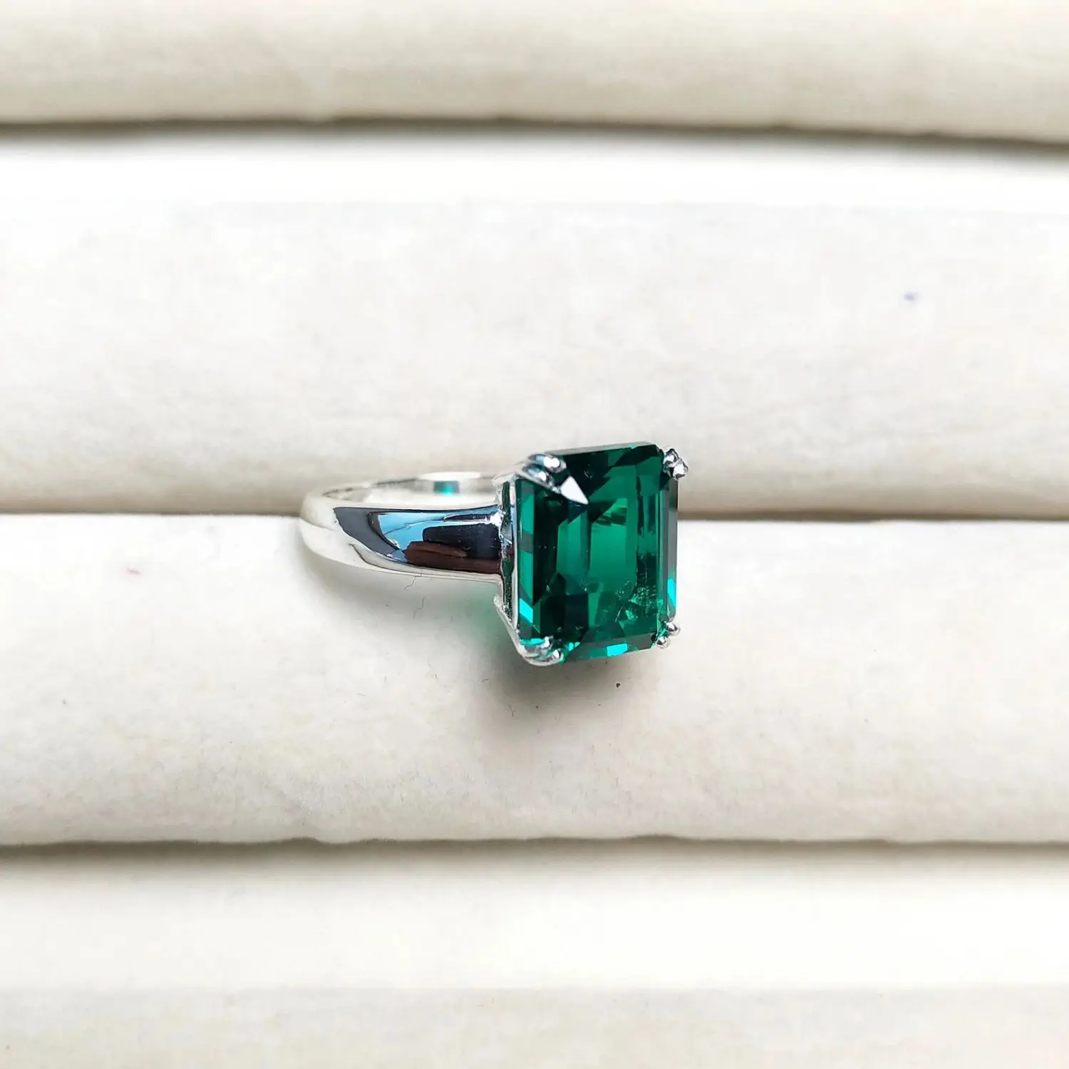 11x9mm Lab Created Emerald Cut Green Emerald Engagement Ring In 925 Sterling Silver Wholesale