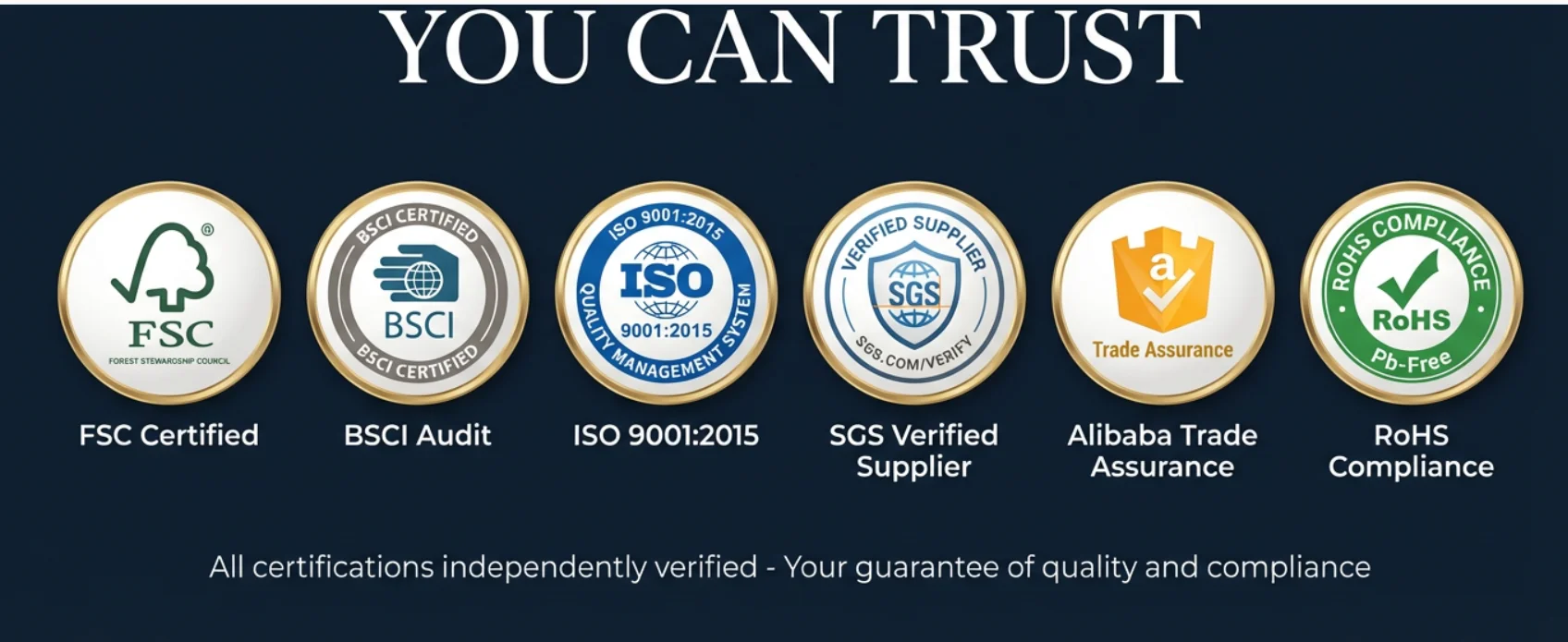 Side Packaging Certifications - FSC, BSCI, ISO 9001, SGS