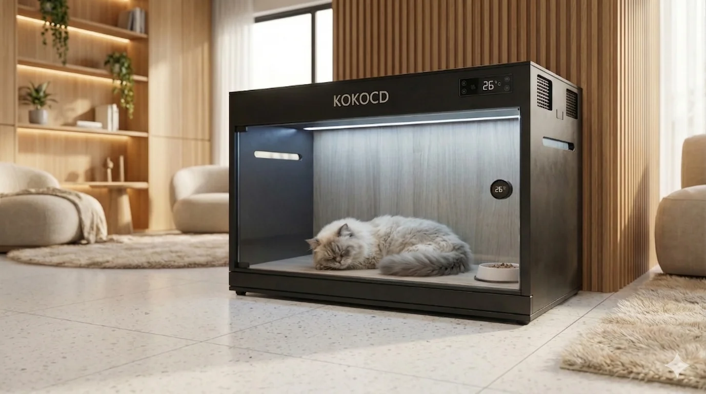 KOKOCD K01-B Pet Climate System in luxury living room with cat resting comfortably