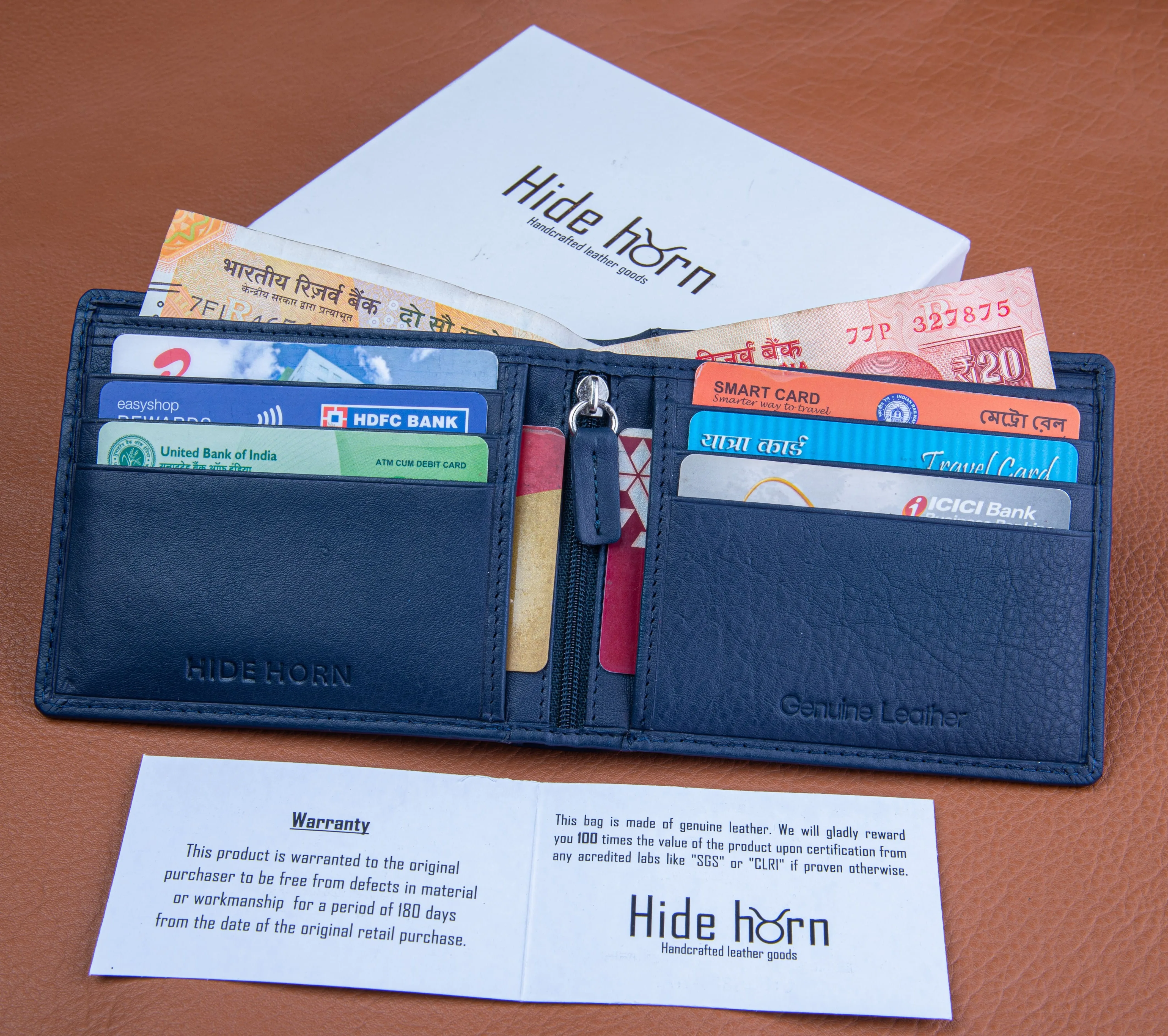 High Quality Bifold Blue Genuine Leather Men's Rfid Protected Wallet